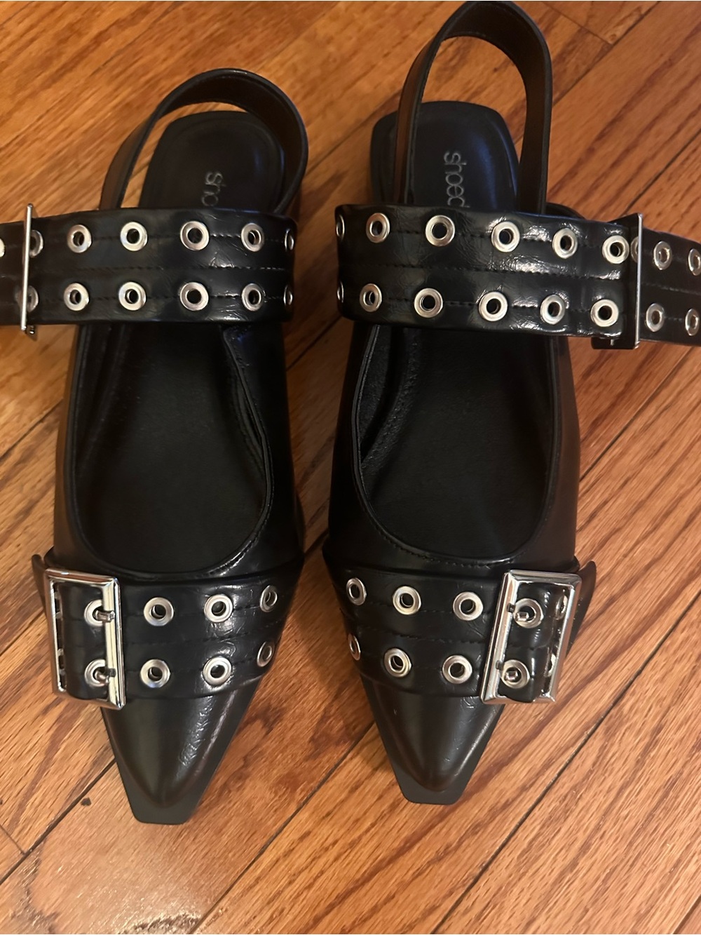 Shoe Dazzle Black Pointed-Toe Grommet Strap Slingback Flats